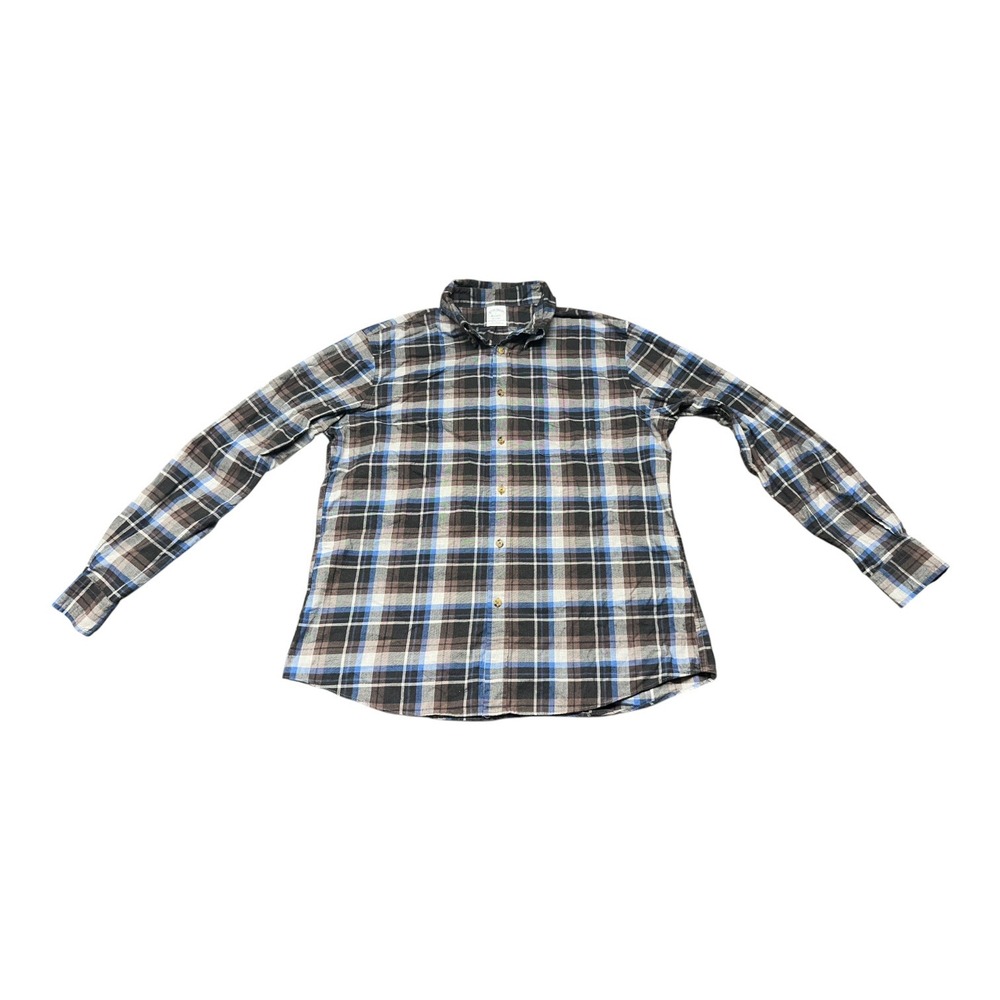 Brooks Brothers Regent Fit Plaid Flannel Shirt Mens Large Brown Blue Cotton L